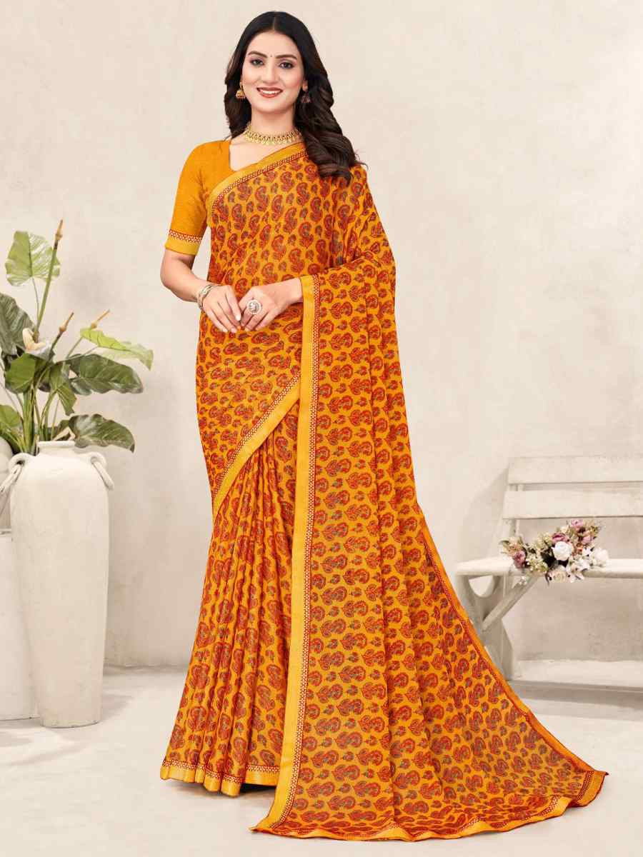 Yellow Chiffon Printed Festival Wedding Fancy Classic Style Sarees