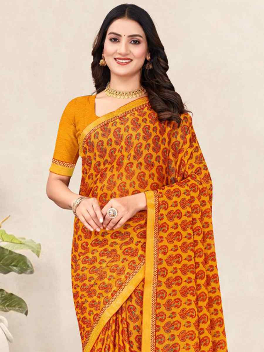 Yellow Chiffon Printed Festival Wedding Fancy Classic Style Sarees