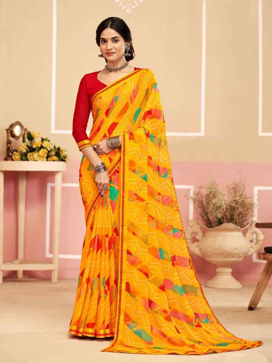 Yellow Chiffon Printed Festival Wedding Fancy Classic Style Sarees