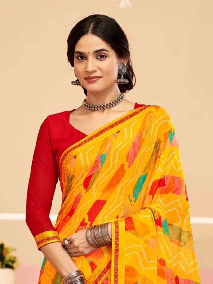 Yellow Chiffon Printed Festival Wedding Fancy Classic Style Sarees
