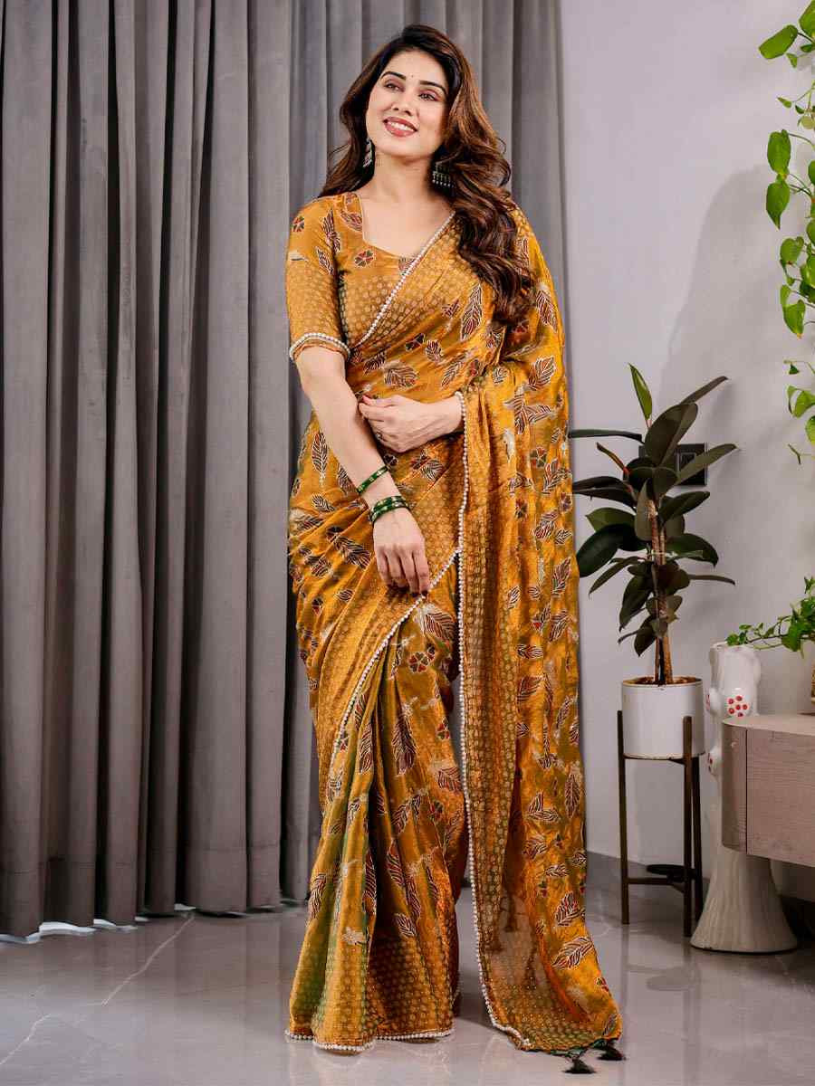 Yellow Chiffon Printed Festival Wedding Fancy Heavy Border Saree
