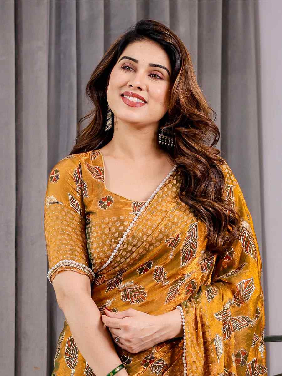 Yellow Chiffon Printed Festival Wedding Fancy Heavy Border Saree