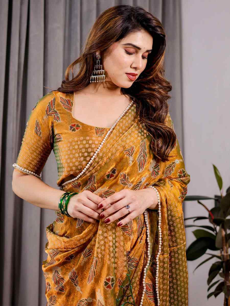 Yellow Chiffon Printed Festival Wedding Fancy Heavy Border Saree