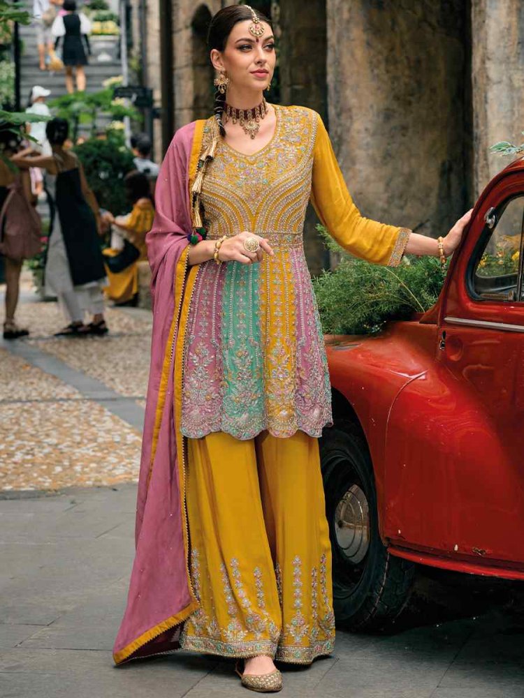 Yellow Chinon Embroidered Festival Mehendi Ready Palazzo Pant Salwar Kameez