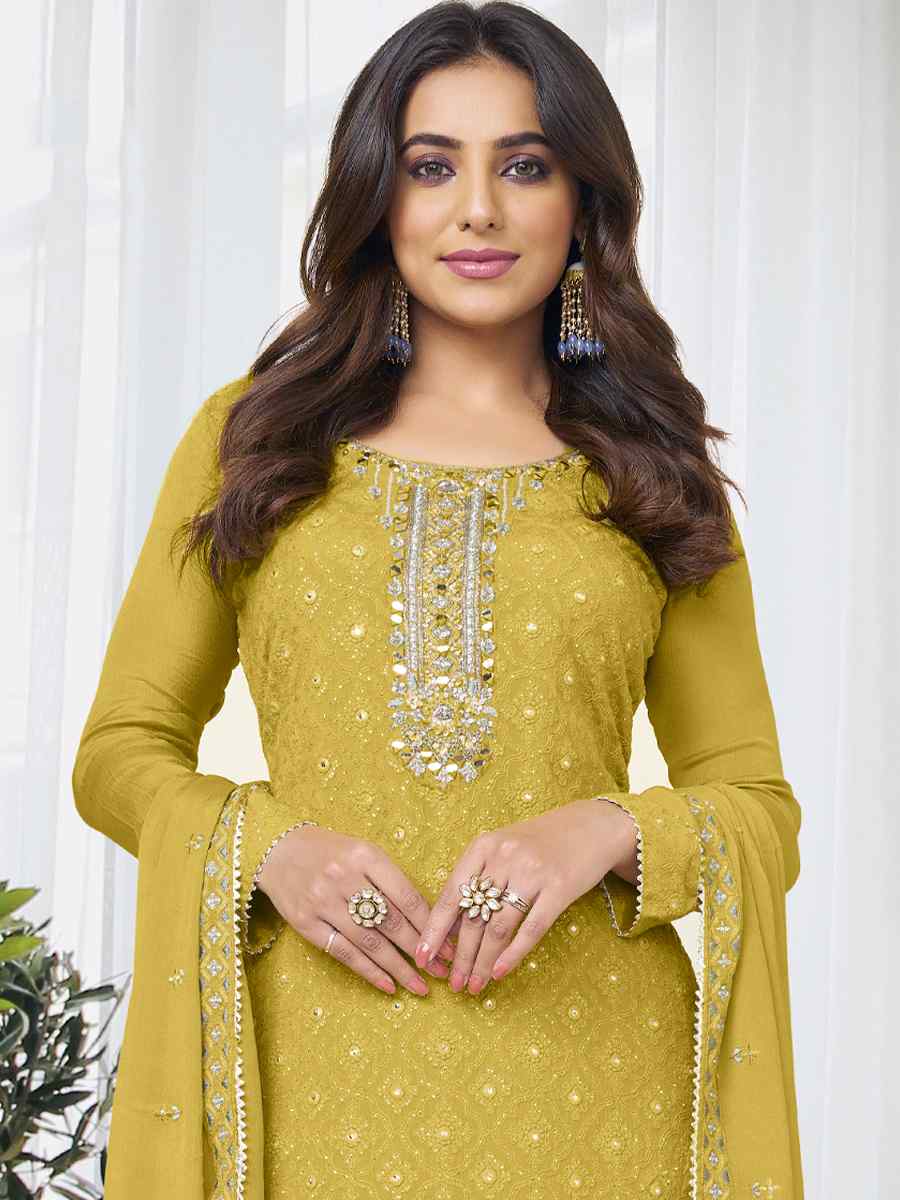 Yellow Chinon Embroidered Festival Wedding Ready Pant Salwar Kameez
