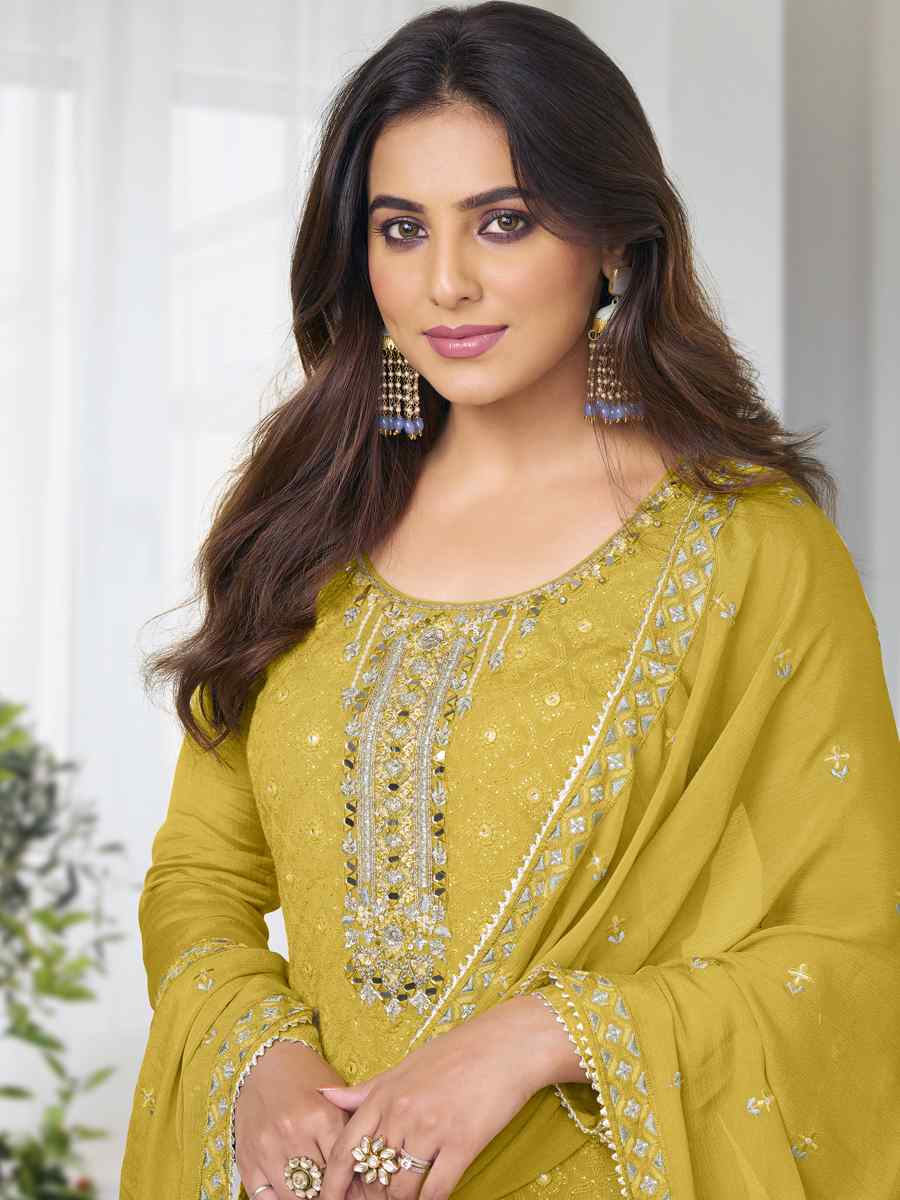Yellow Chinon Embroidered Festival Wedding Ready Pant Salwar Kameez