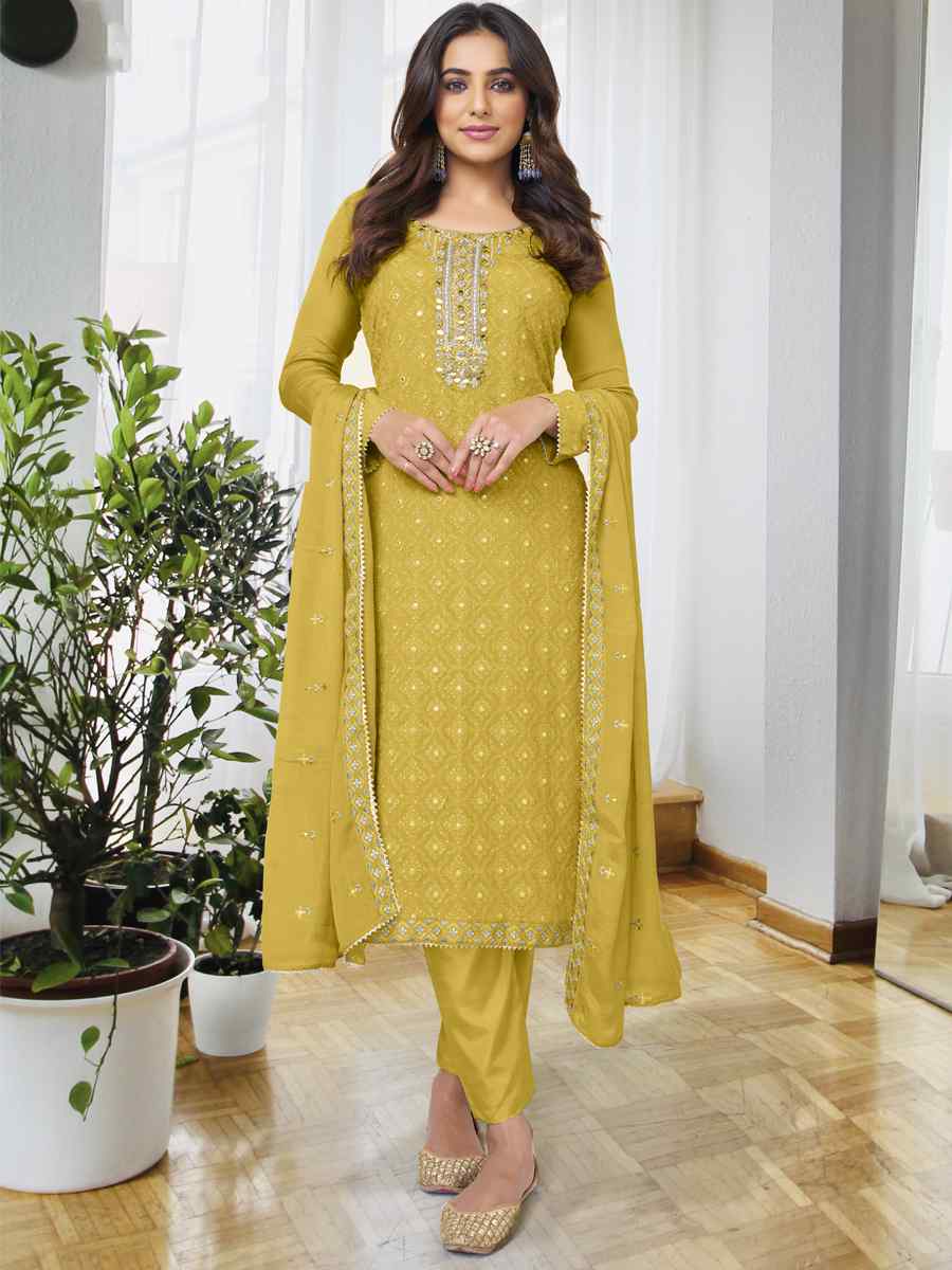 Yellow Chinon Embroidered Festival Wedding Ready Pant Salwar Kameez