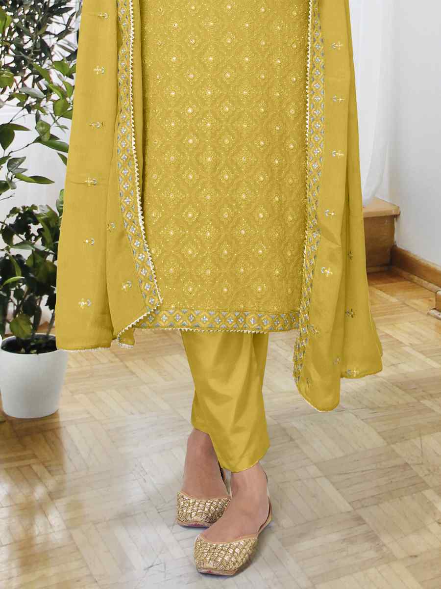Yellow Chinon Embroidered Festival Wedding Ready Pant Salwar Kameez