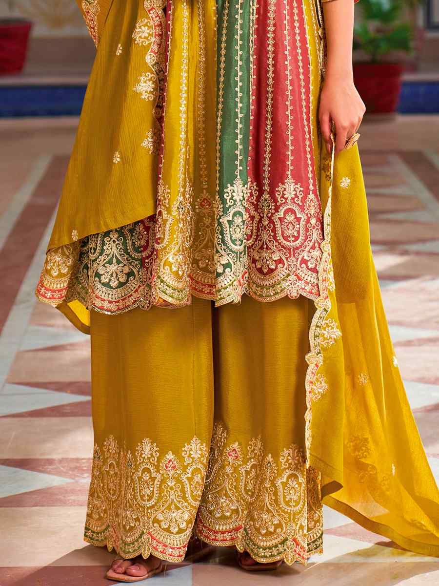 Yellow Chinon Embroidered Festival Wedding Sharara Pant Salwar Kameez
