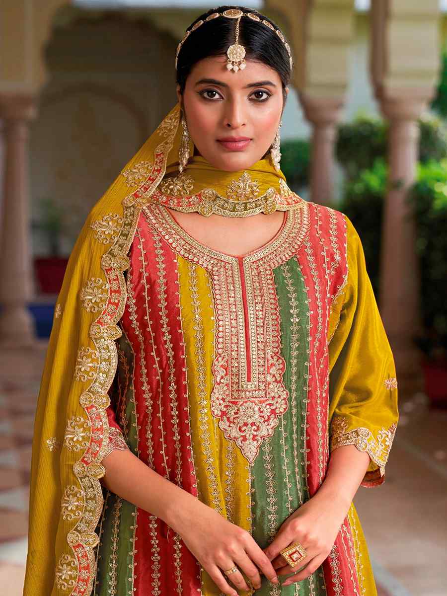 Yellow Chinon Embroidered Festival Wedding Sharara Pant Salwar Kameez