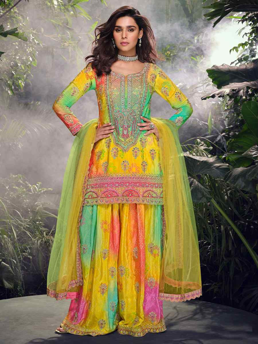 Yellow Chinon Embroidered Mehendi Wedding Ready Palazzo Pant Salwar Kameez