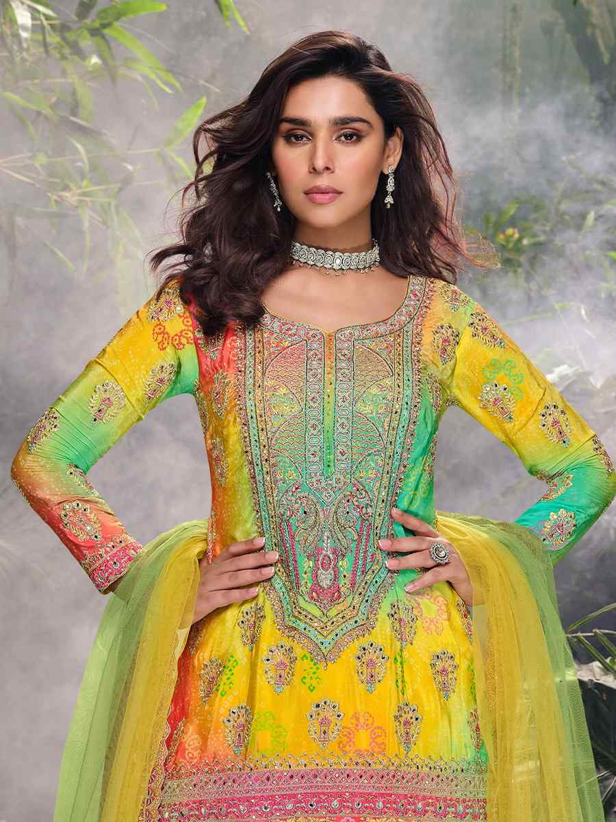 Yellow Chinon Embroidered Mehendi Wedding Ready Palazzo Pant Salwar Kameez