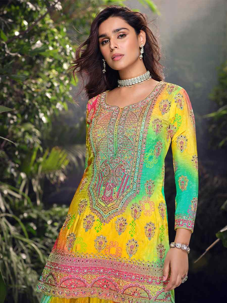 Yellow Chinon Embroidered Mehendi Wedding Ready Palazzo Pant Salwar Kameez