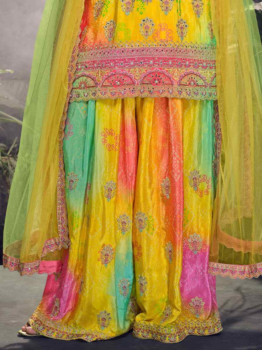 Yellow Chinon Embroidered Mehendi Wedding Ready Palazzo Pant Salwar Kameez