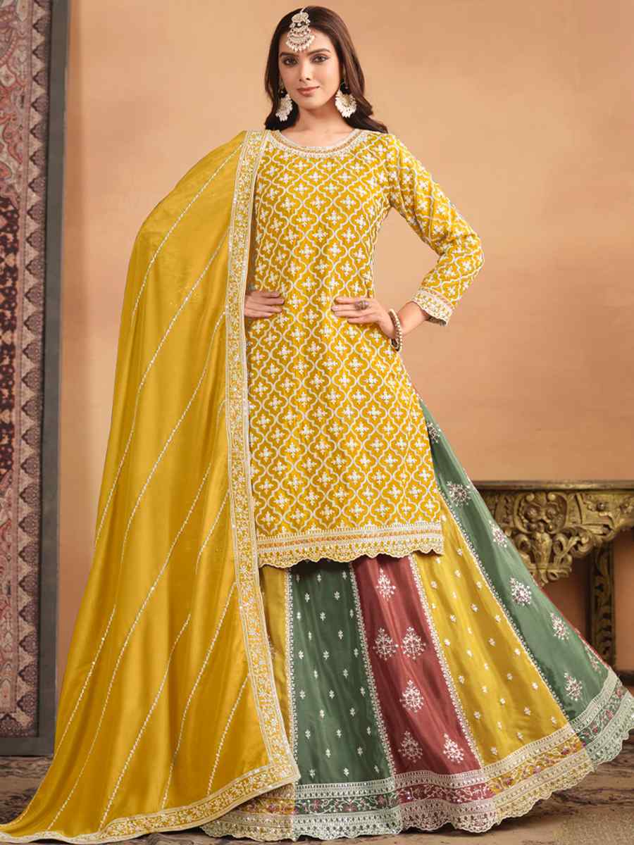 Yellow Chinon Embroidered Reception Wedding Kurti Lehenga Choli