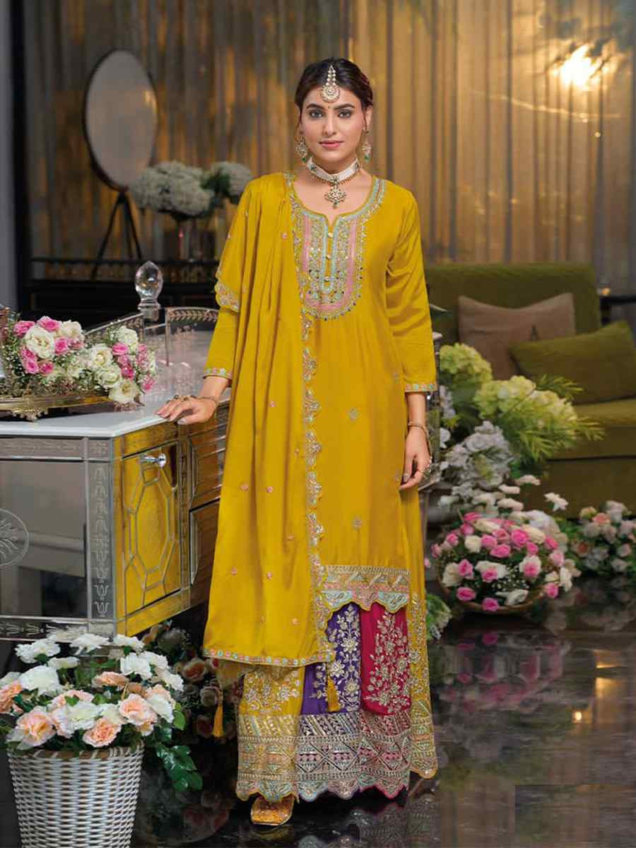 Yellow Chinon Embroidered Reception Wedding Kurti Lehenga Choli