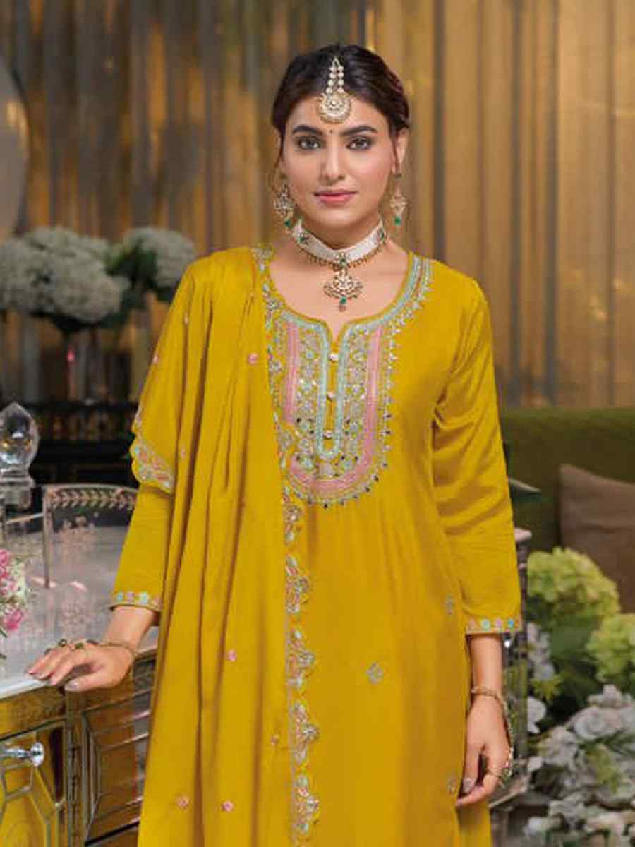 Yellow Chinon Embroidered Reception Wedding Kurti Lehenga Choli