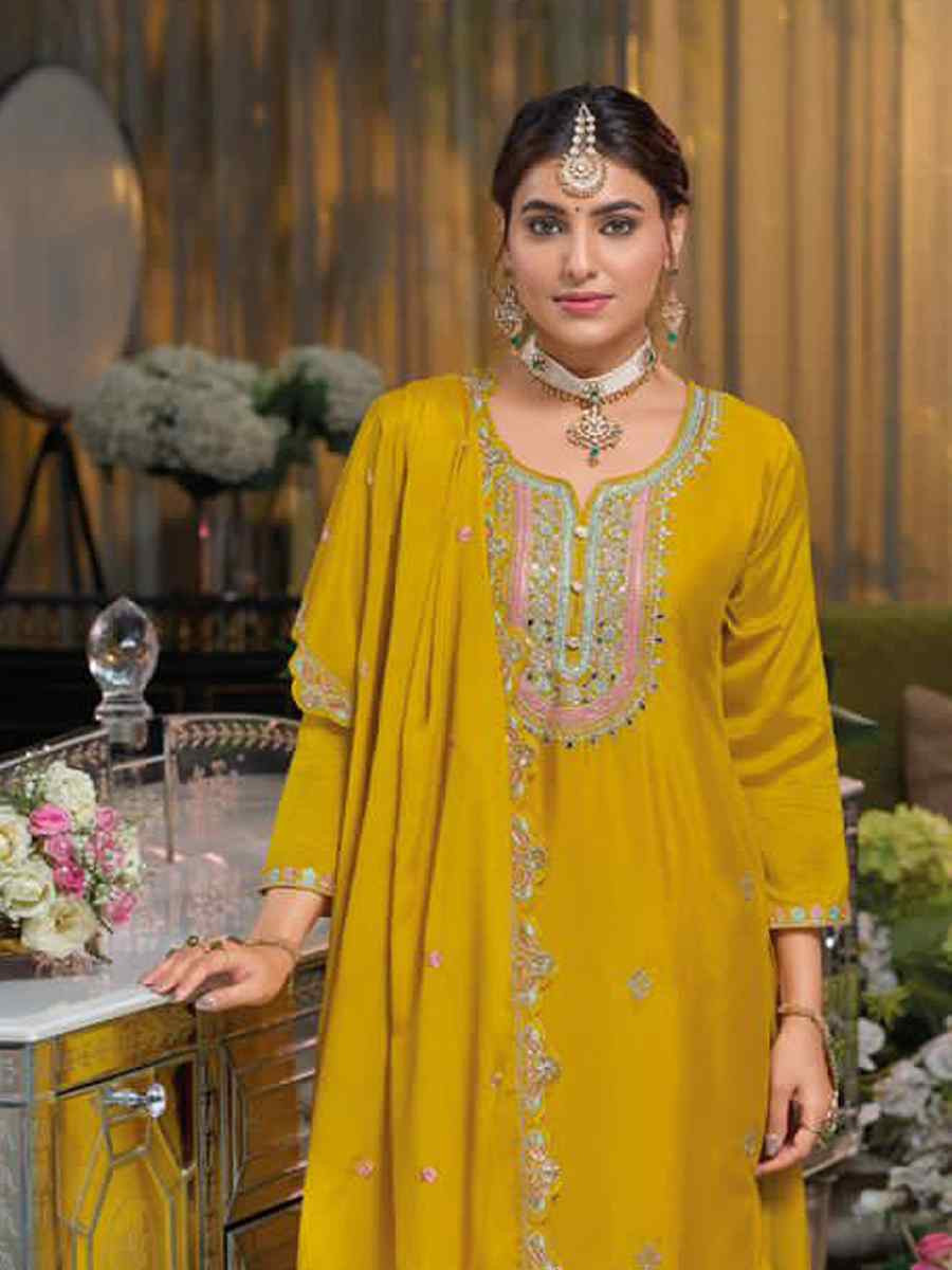 Yellow Chinon Embroidered Reception Wedding Kurti Lehenga Choli