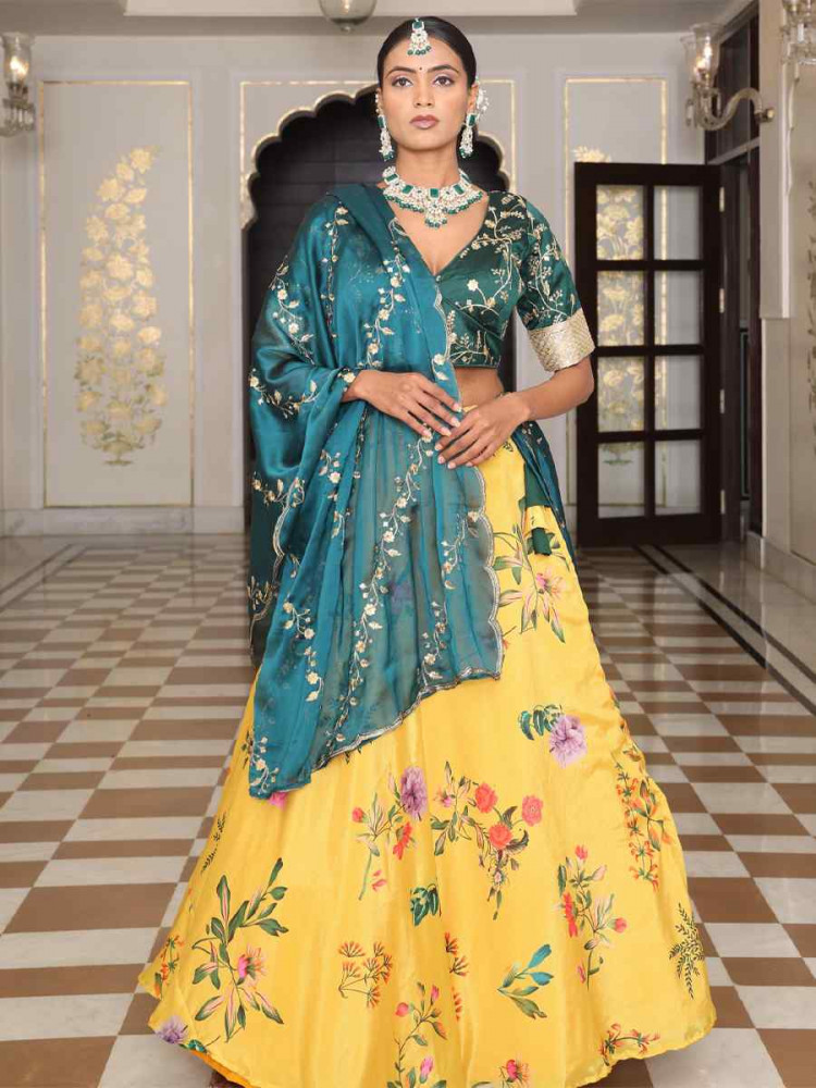 Image of Yellow Chinon Embroidered Wedding Reception Festival Heavy Border Lehenga Choli