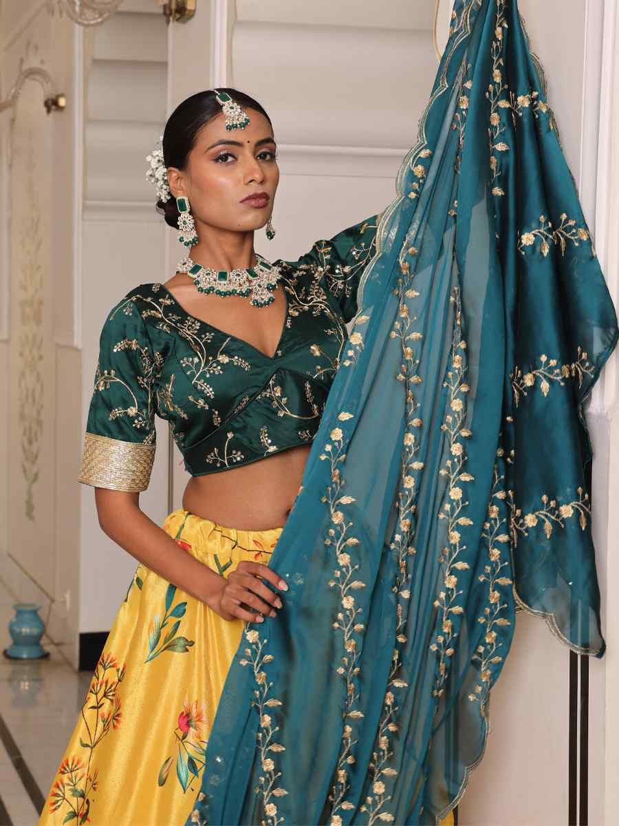 Yellow Chinon Embroidered Wedding Reception Festival Heavy Border Lehenga Choli