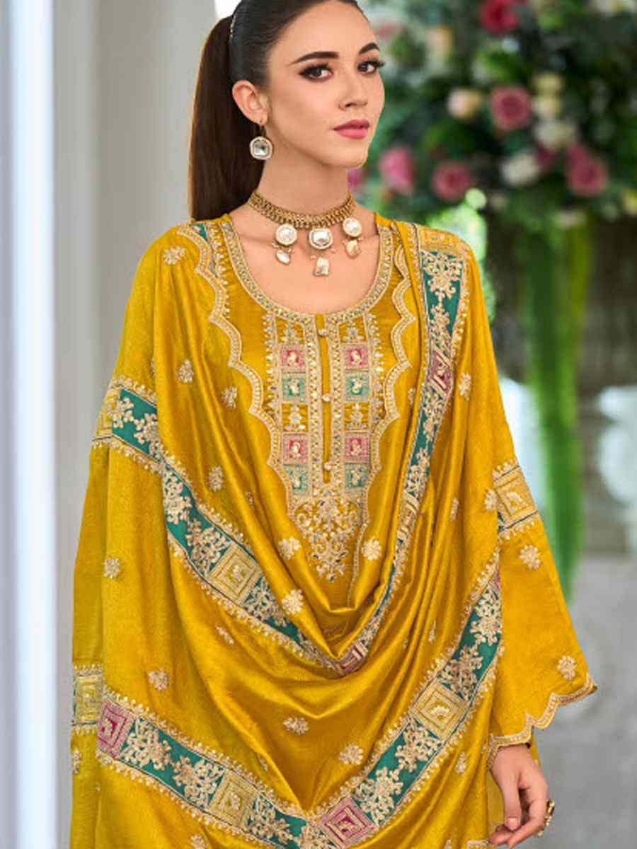 Yellow Chinon Embroidery Party Wedding Festival Casual Ready Pant Salwar Kameez
