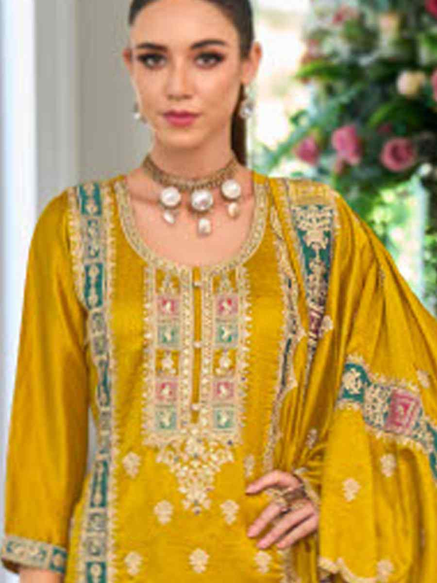 Yellow Chinon Embroidery Party Wedding Festival Casual Ready Pant Salwar Kameez