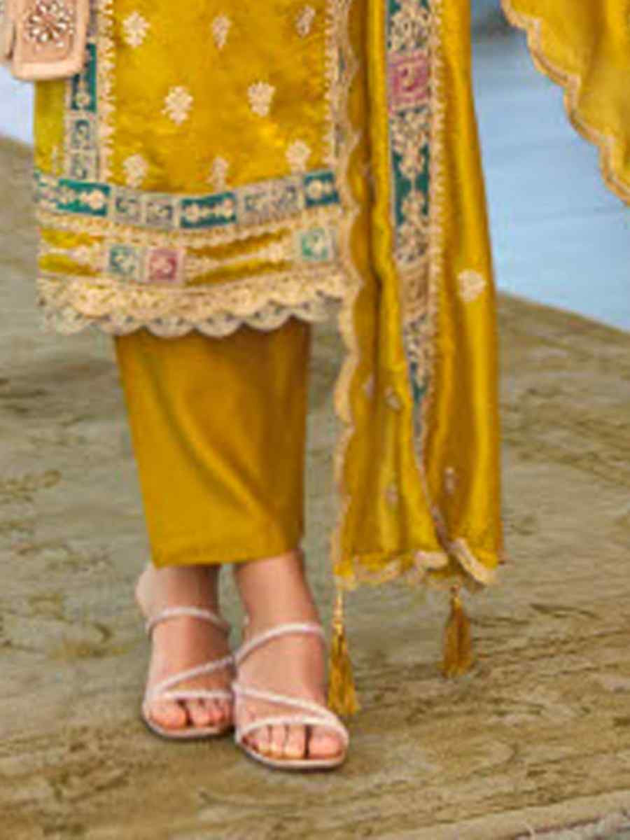 Yellow Chinon Embroidery Party Wedding Festival Casual Ready Pant Salwar Kameez