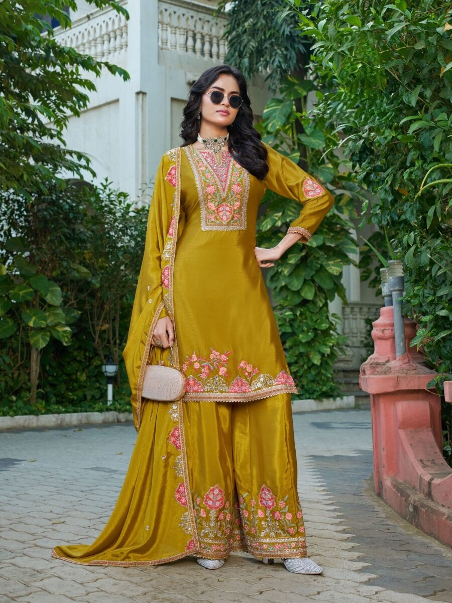 Yellow Chinon Embroidery Sequins Wedding Party Festival Casual Ready Palazzo Pant Salwar Kameez