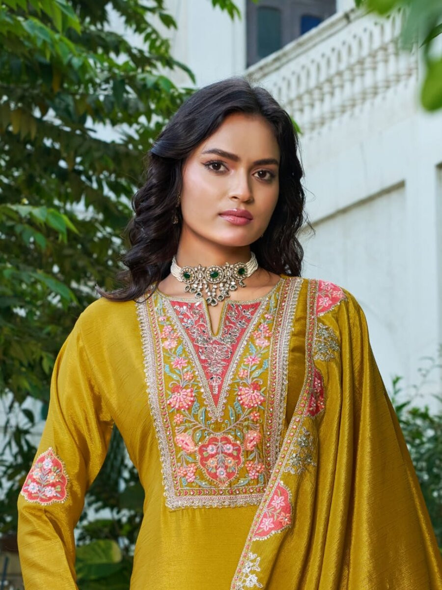 Yellow Chinon Embroidery Sequins Wedding Party Festival Casual Ready Palazzo Pant Salwar Kameez