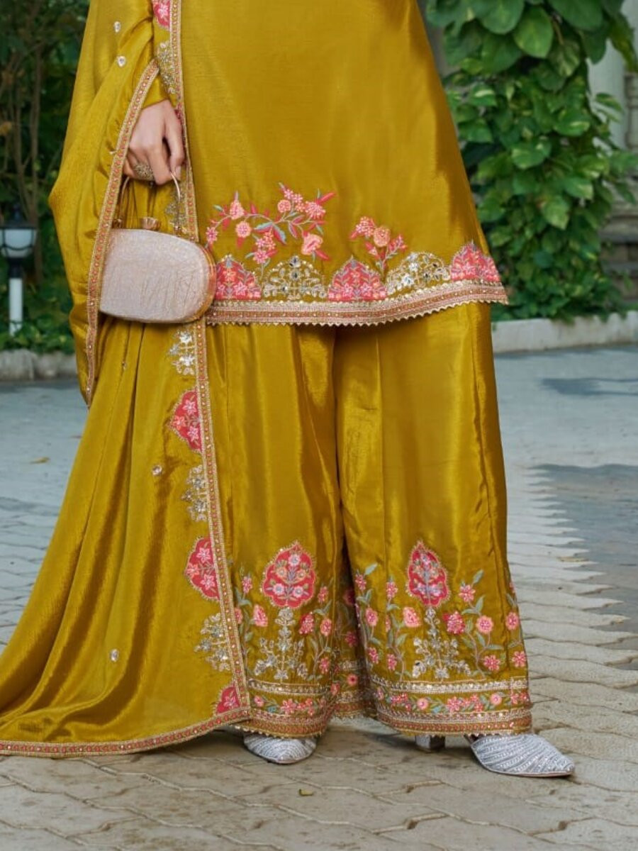 Yellow Chinon Embroidery Sequins Wedding Party Festival Casual Ready Palazzo Pant Salwar Kameez
