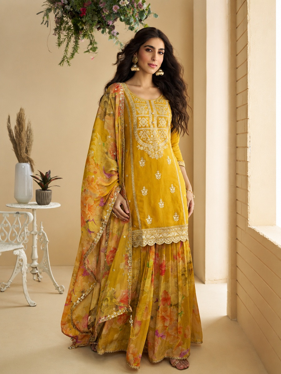 Yellow Chinon Embroidery Sequins Wedding Party Festival Casual Ready Palazzo Pant Salwar Kameez