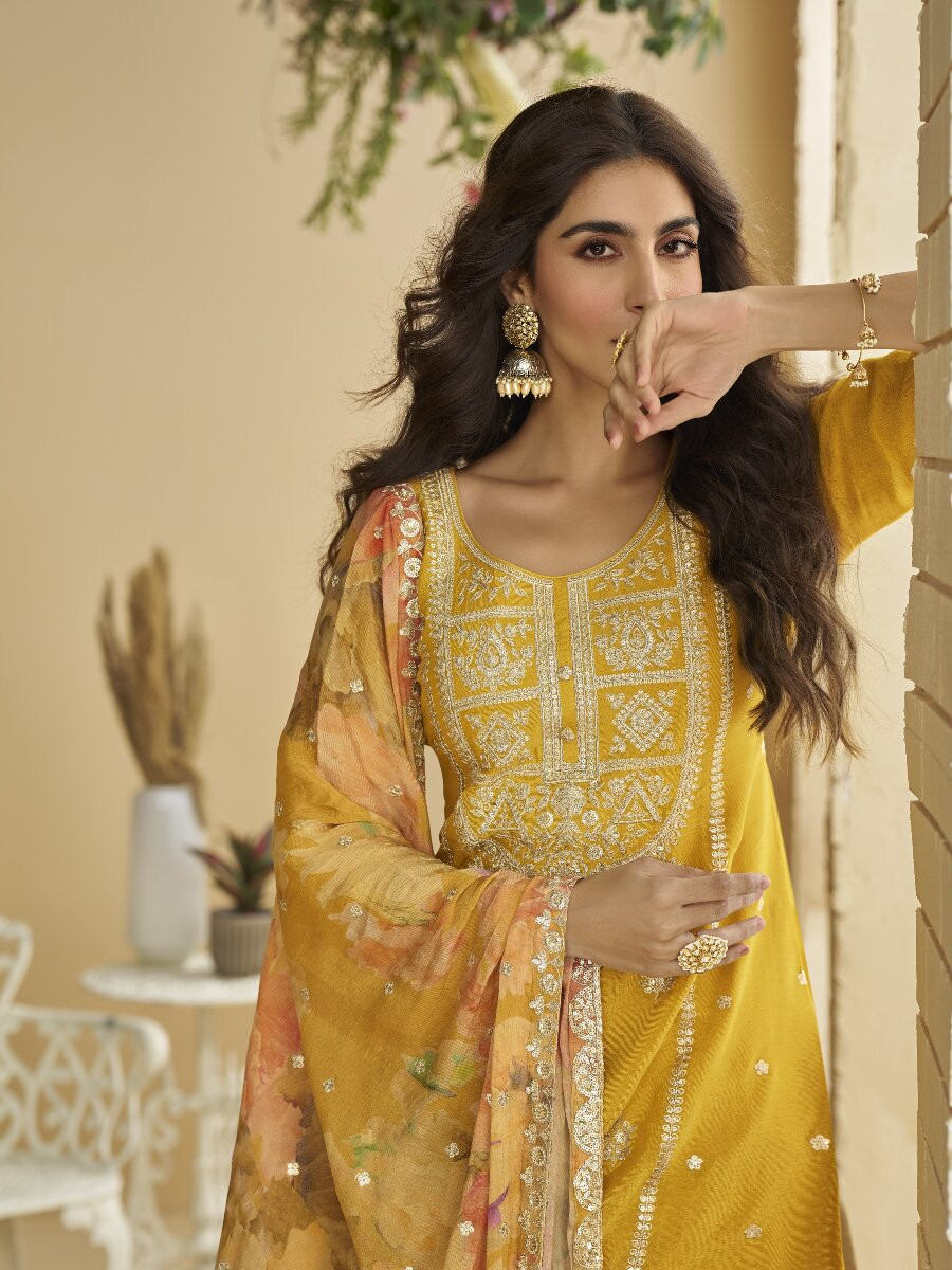 Yellow Chinon Embroidery Sequins Wedding Party Festival Casual Ready Palazzo Pant Salwar Kameez