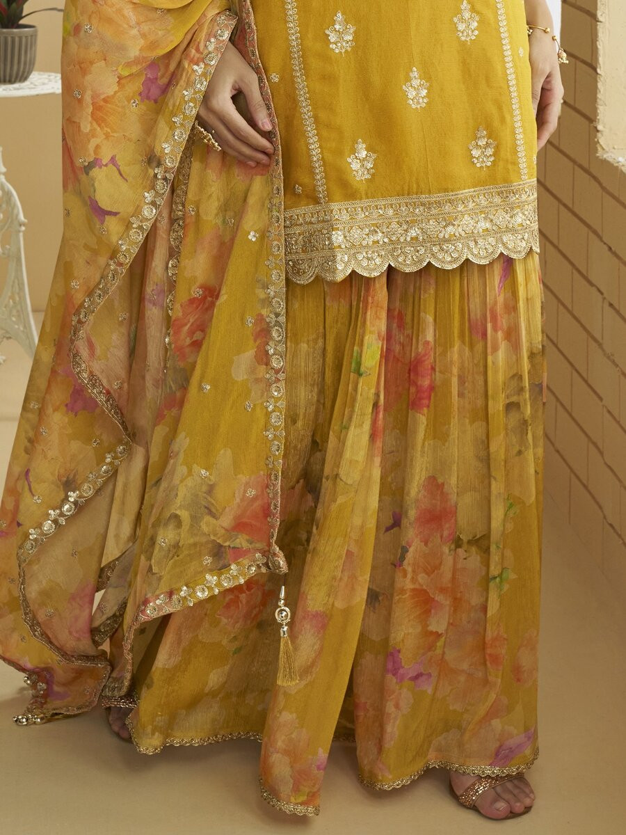 Yellow Chinon Embroidery Sequins Wedding Party Festival Casual Ready Palazzo Pant Salwar Kameez