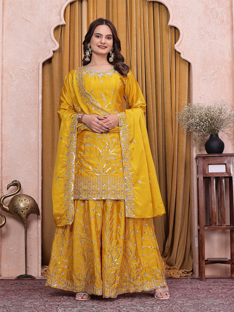 Image of Yellow Chinon Embroidery Sequins Wedding Party Festival Casual Ready Palazzo Pant Salwar Kameez
