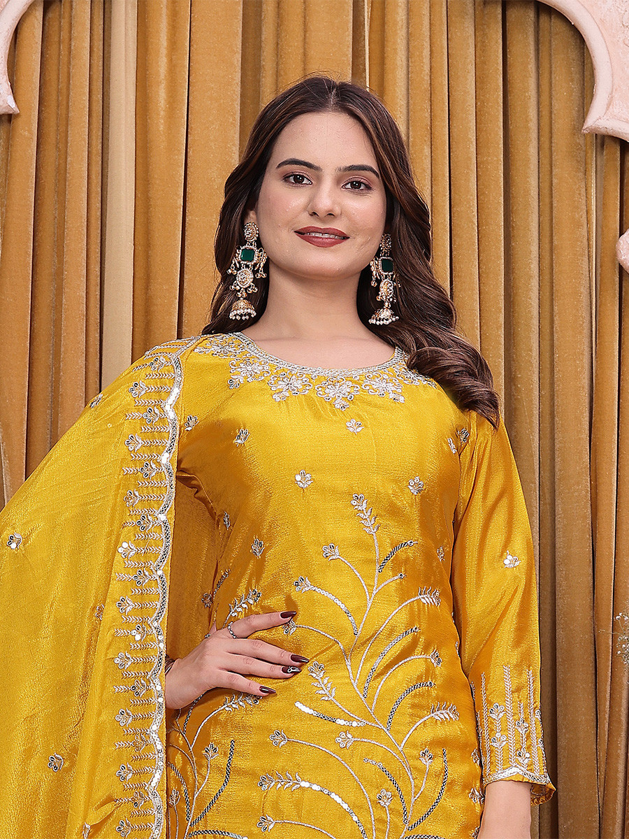 Yellow Chinon Embroidery Sequins Wedding Party Festival Casual Ready Palazzo Pant Salwar Kameez