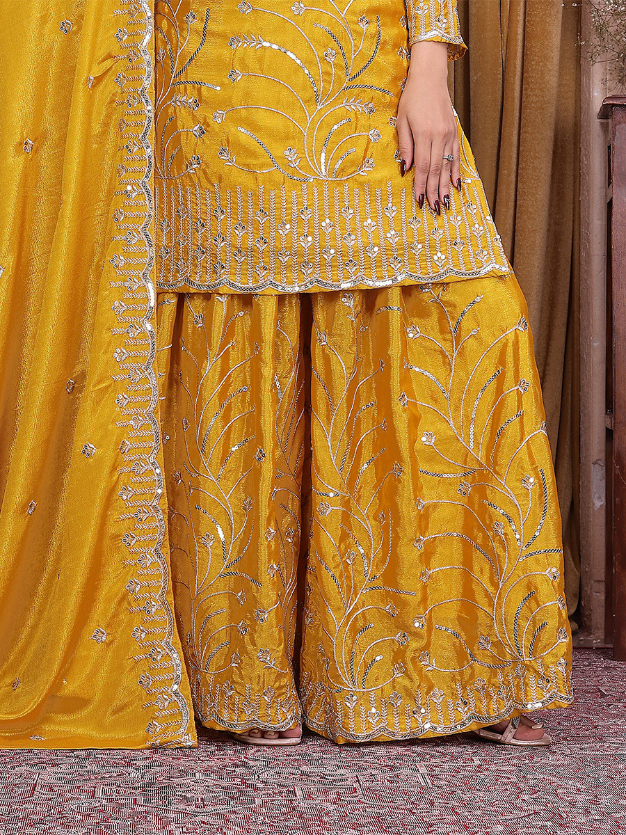 Yellow Chinon Embroidery Sequins Wedding Party Festival Casual Ready Palazzo Pant Salwar Kameez