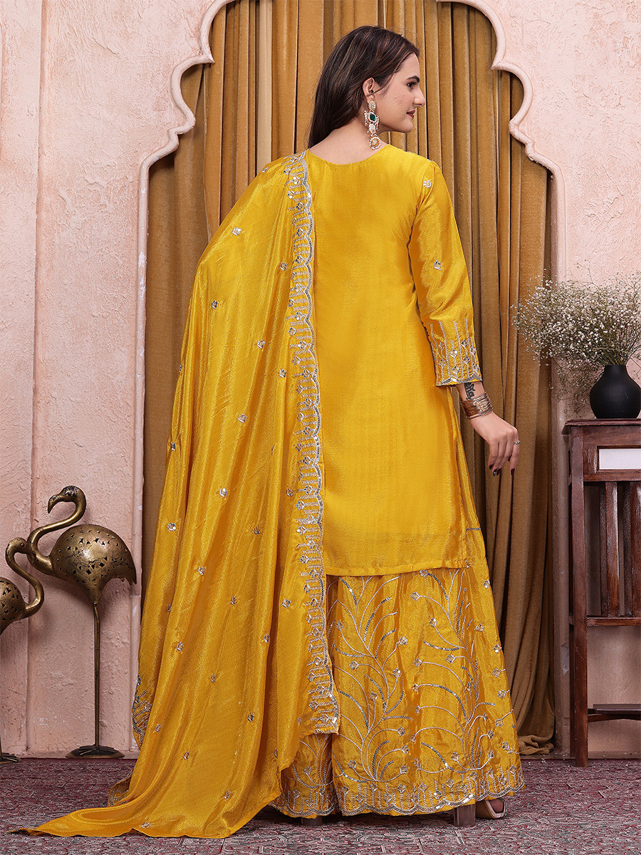 Yellow Chinon Embroidery Sequins Wedding Party Festival Casual Ready Palazzo Pant Salwar Kameez