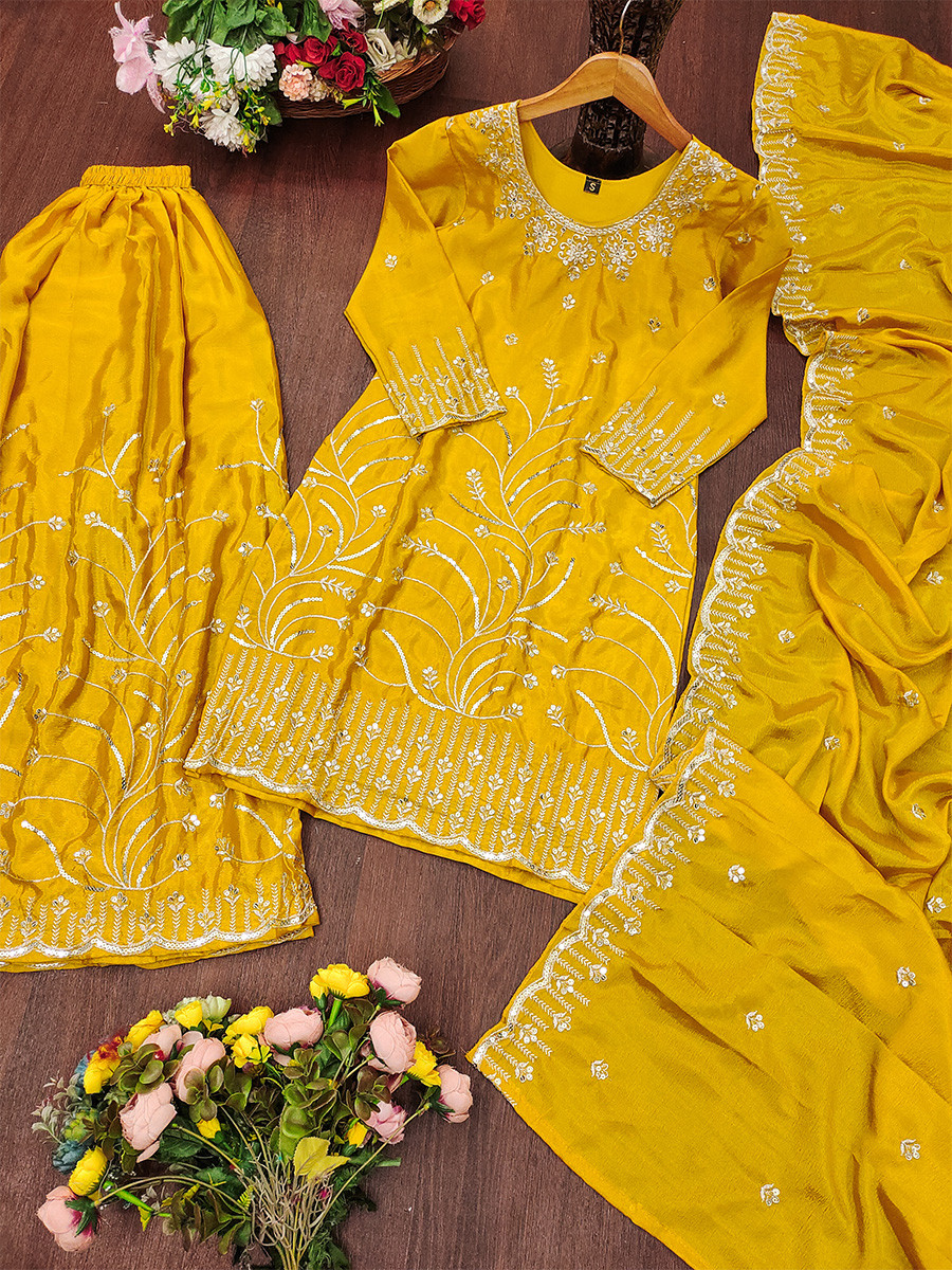Yellow Chinon Embroidery Sequins Wedding Party Festival Casual Ready Palazzo Pant Salwar Kameez