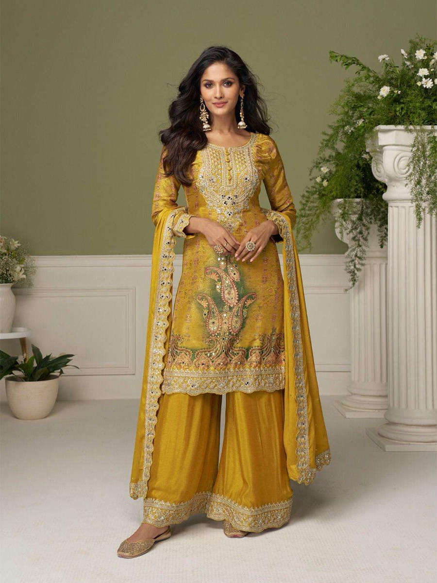 Yellow Chinon Embroidery Sequins Zari Wedding Party Festival Casual Ready Palazzo Pant Salwar Kameez