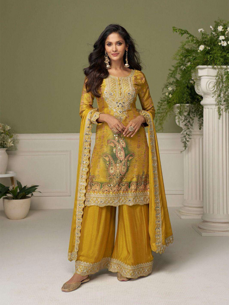 Image of Yellow Chinon Embroidery Sequins Zari Wedding Party Festival Casual Ready Palazzo Pant Salwar Kameez