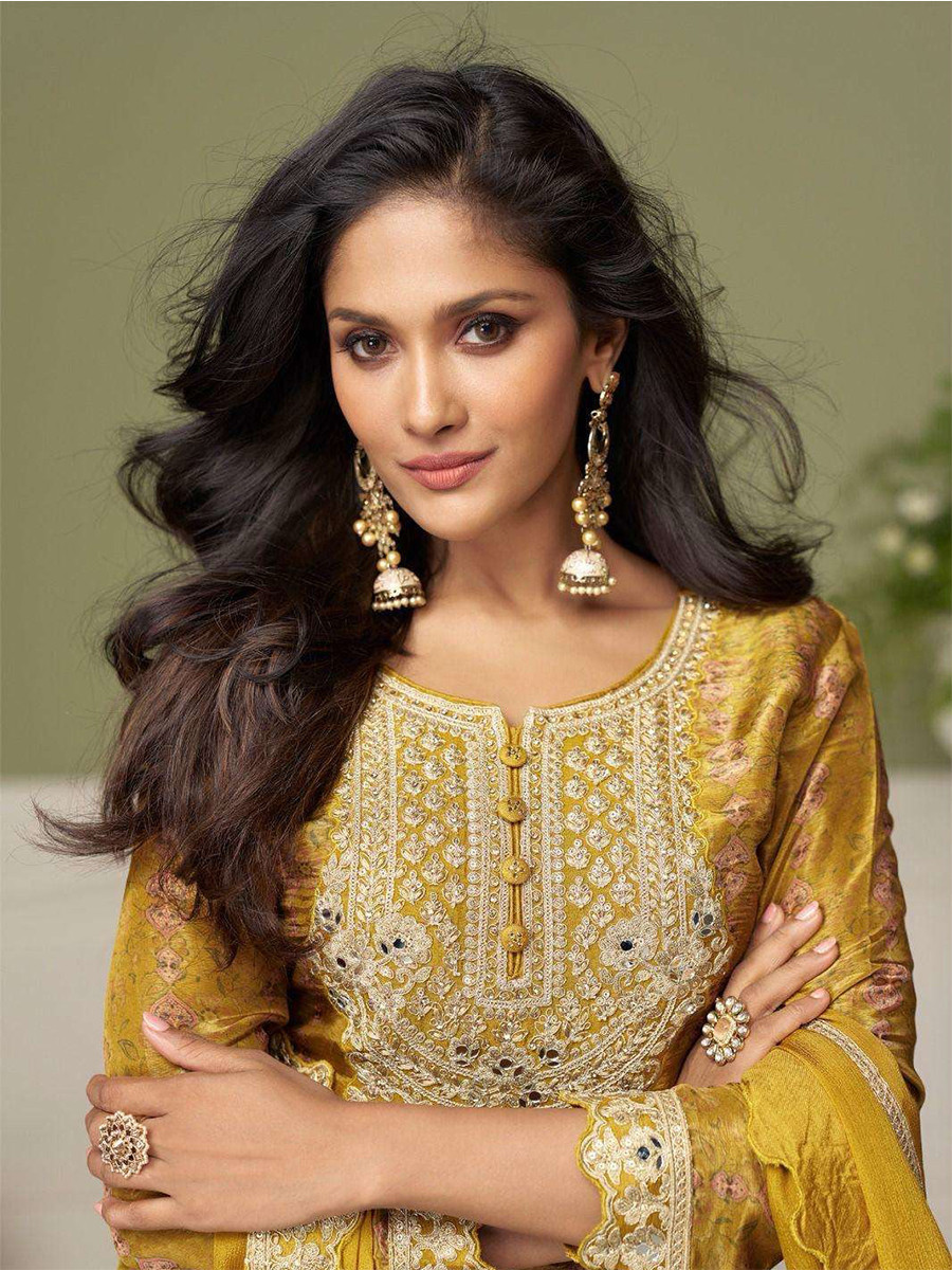 Yellow Chinon Embroidery Sequins Zari Wedding Party Festival Casual Ready Palazzo Pant Salwar Kameez