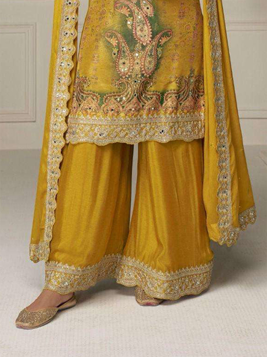Yellow Chinon Embroidery Sequins Zari Wedding Party Festival Casual Ready Palazzo Pant Salwar Kameez