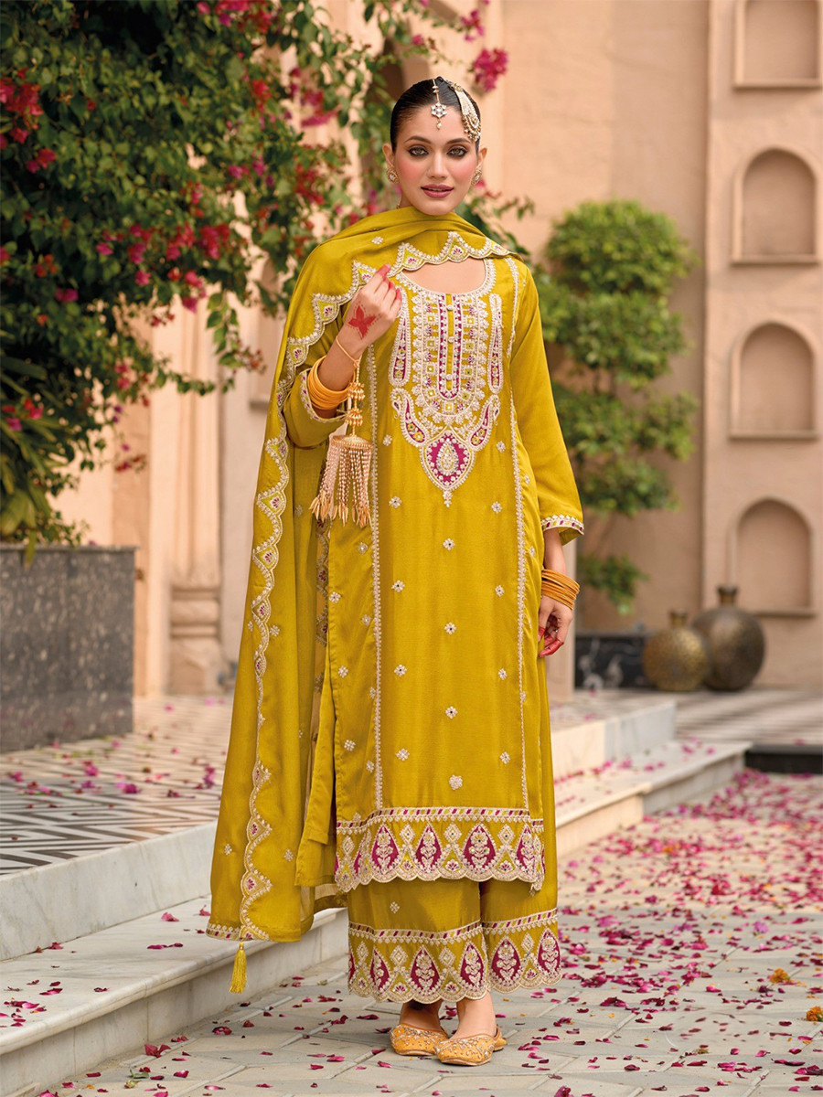 Yellow Chinon Embroidery Wedding Party Festival Casual Palazzo Pant Salwar Kameez