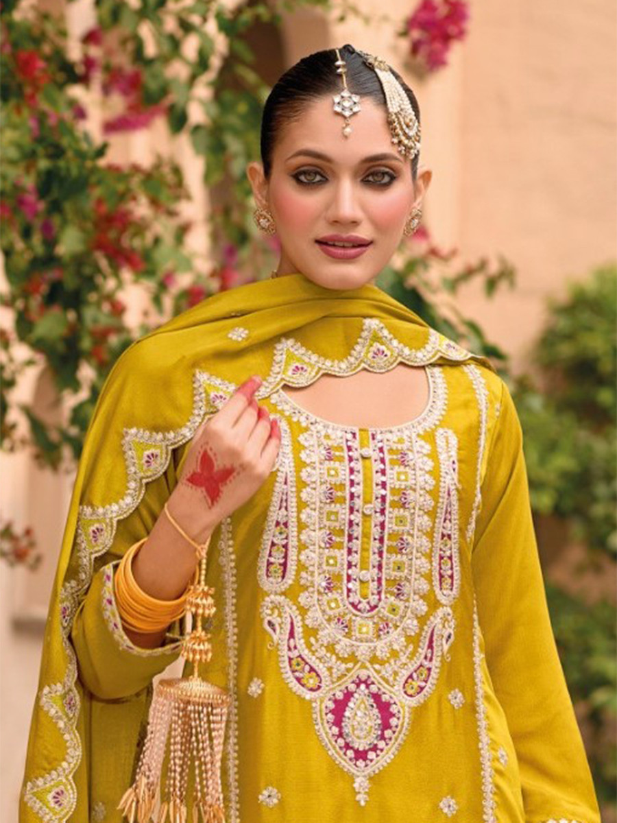 Yellow Chinon Embroidery Wedding Party Festival Casual Palazzo Pant Salwar Kameez