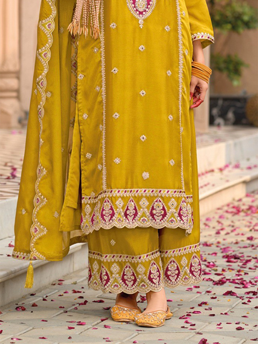 Yellow Chinon Embroidery Wedding Party Festival Casual Palazzo Pant Salwar Kameez