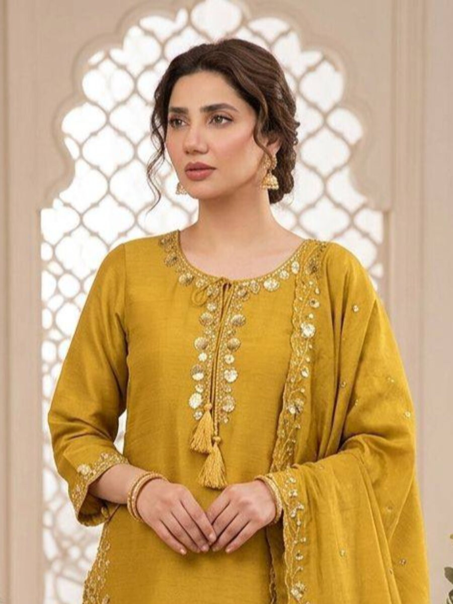 Yellow Chinon Embroidery Wedding Party Festival Casual Ready Palazzo Pant Salwar Kameez