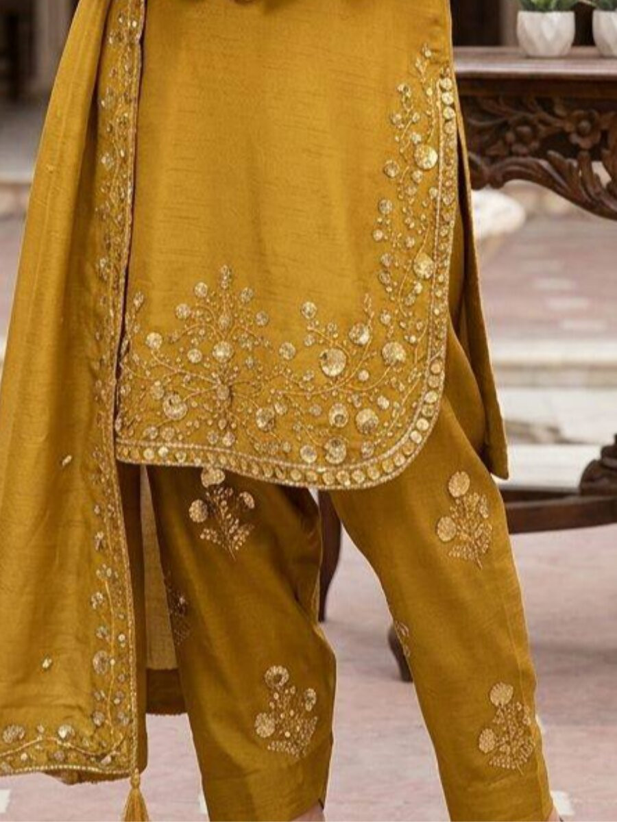 Yellow Chinon Embroidery Wedding Party Festival Casual Ready Palazzo Pant Salwar Kameez