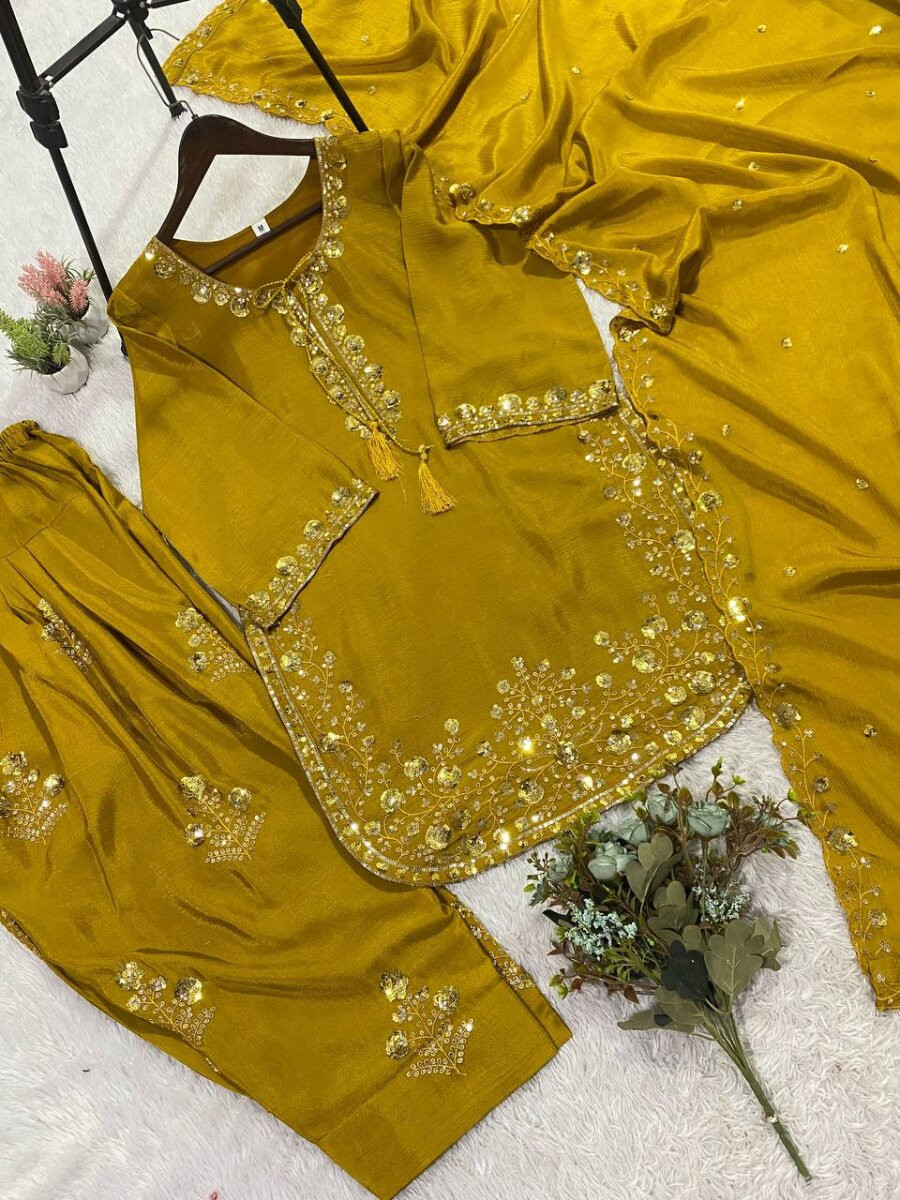 Yellow Chinon Embroidery Wedding Party Festival Casual Ready Palazzo Pant Salwar Kameez