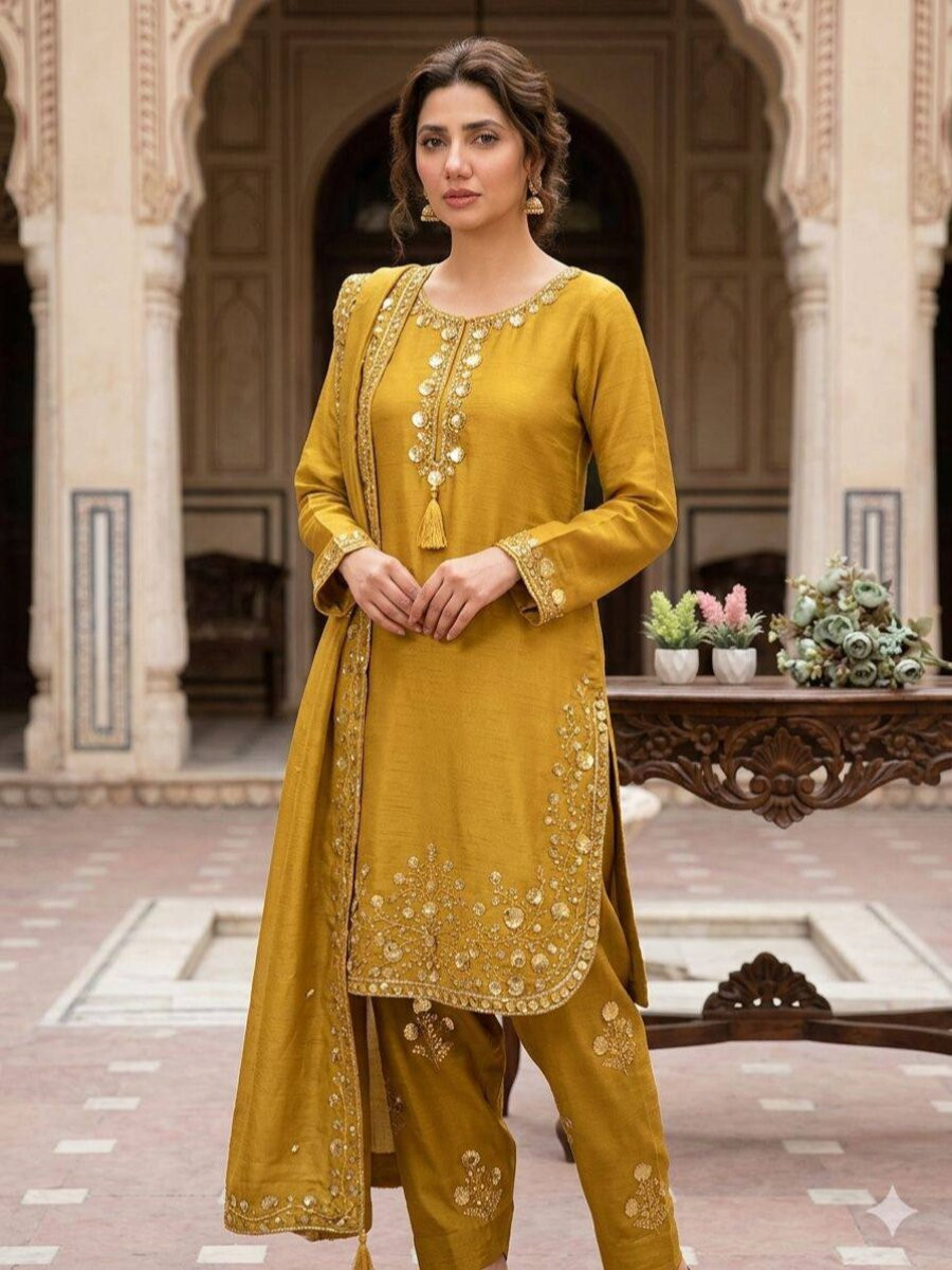 Yellow Chinon Embroidery Wedding Party Festival Casual Ready Palazzo Pant Salwar Kameez