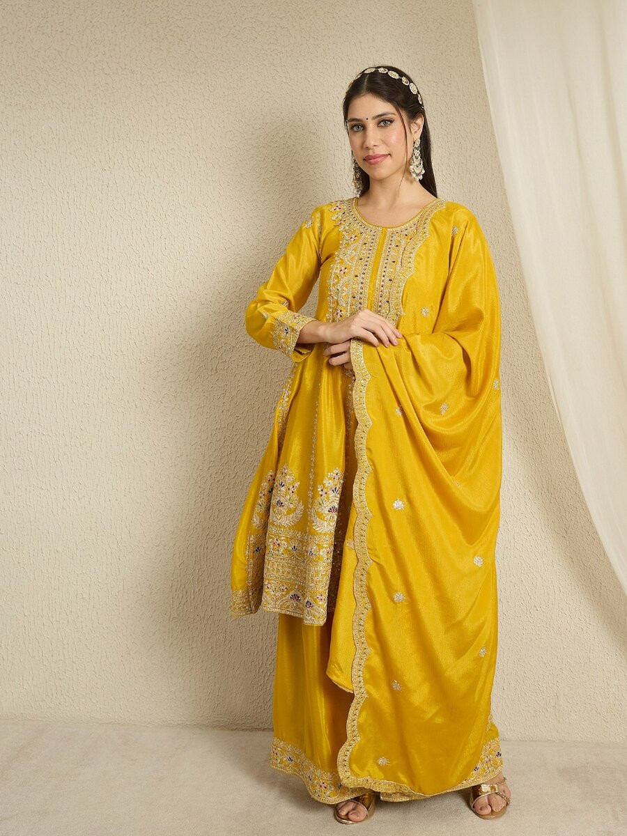 Yellow Chinon Embroidery Zari Wedding Party Festival Casual Ready Palazzo Pant Salwar Kameez